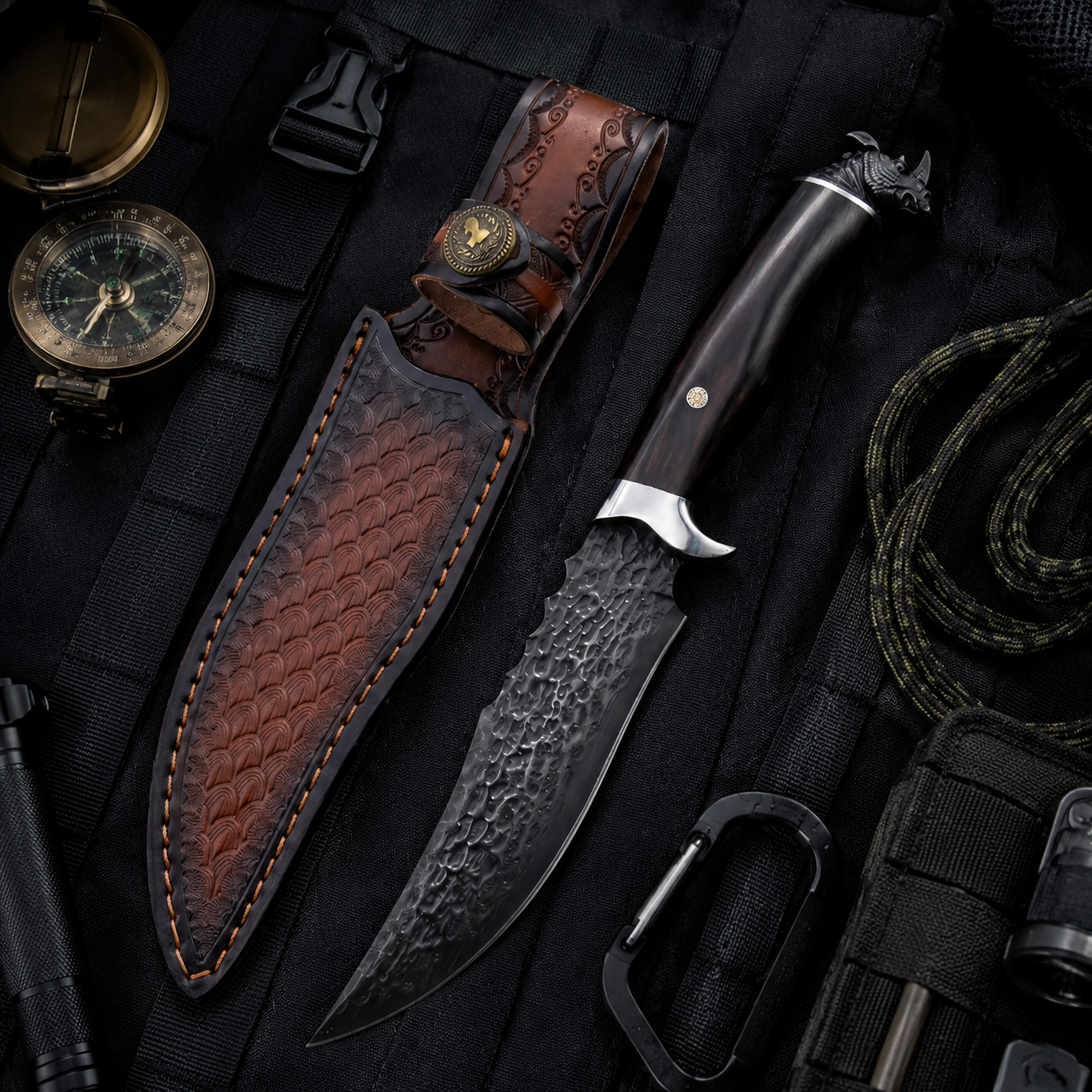 Damascus Outdoor Fixed Blade “Black Rhino” 7229 Outdoor Camping EDC Handcrafted Knife—Collectible Gift, Display Piece, Artfully Forged Gift Edition, Outdoor Handcrafted Collectible, Camping Optimized Description:
