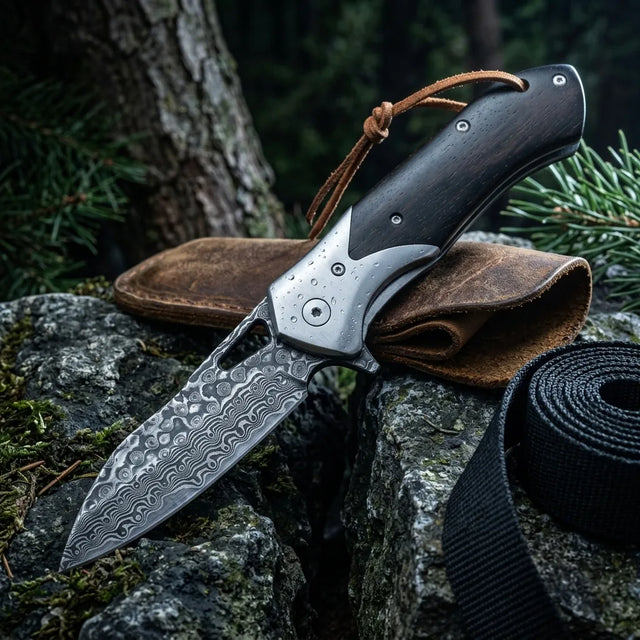 Damascus Folding Knife Ebony EDC Collectible Gift - 6475