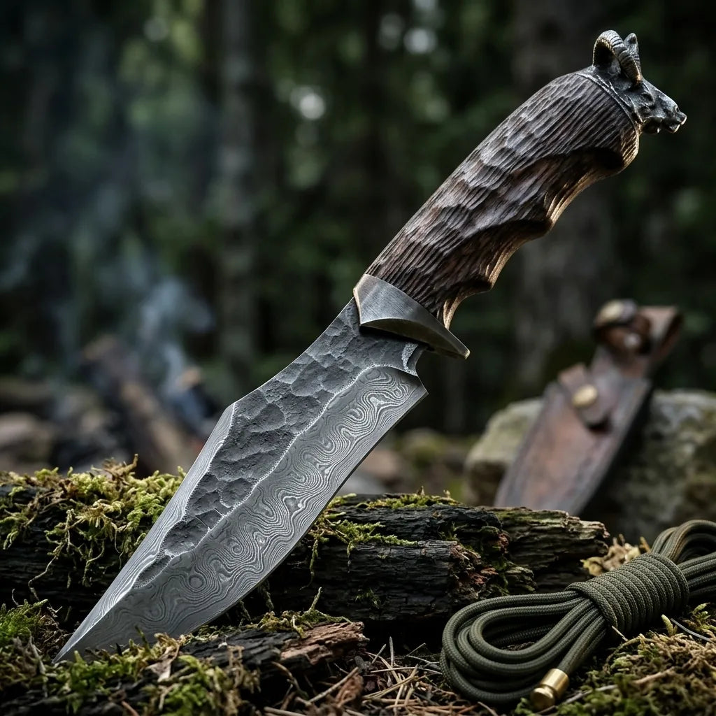 Damascus Fixed Blade Black Goat Camping Fixed Knife - 5622