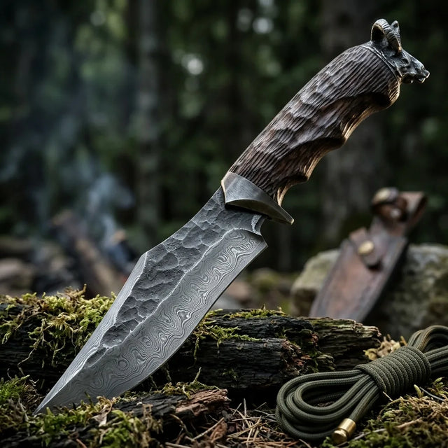 Damascus Fixed Blade Black Goat Camping Fixed Knife - 5622
