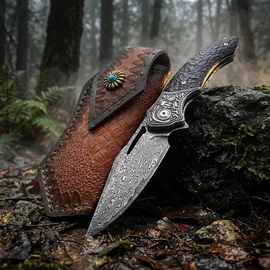 Damascus Folding Knife Cangl EDC Collectible Gift - 5898