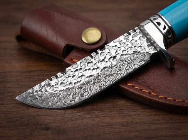 Damascus Folding EDC Knife Ebony Horn Camping - 3716