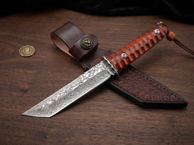 Damascus Samurai Display Knife Rosewood EDC - 4553