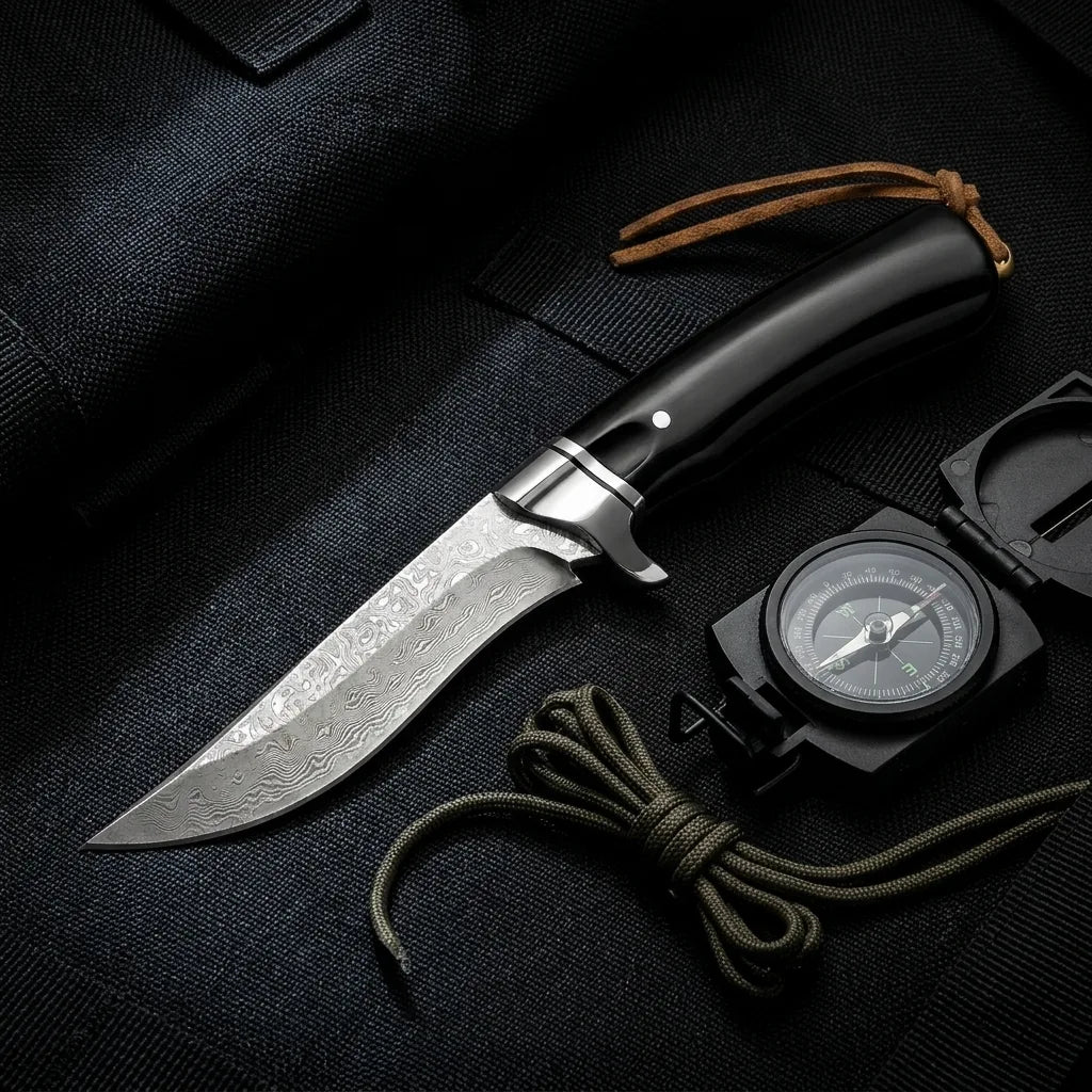 Damascus Fixed Blade Black Bear Camping Fixed Knife - 5596