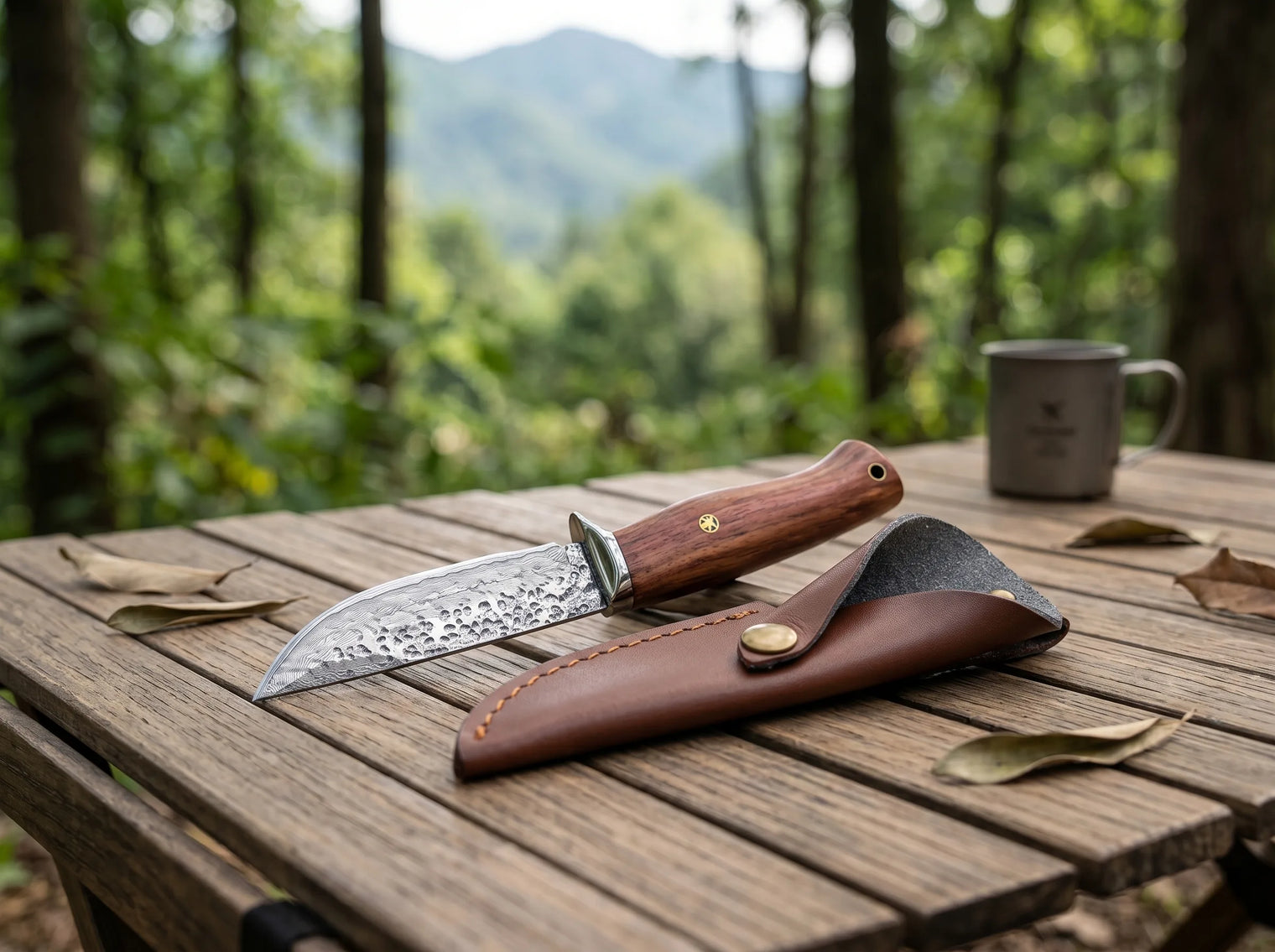Damascus Folding EDC Knife Rosewood Handle - 4387