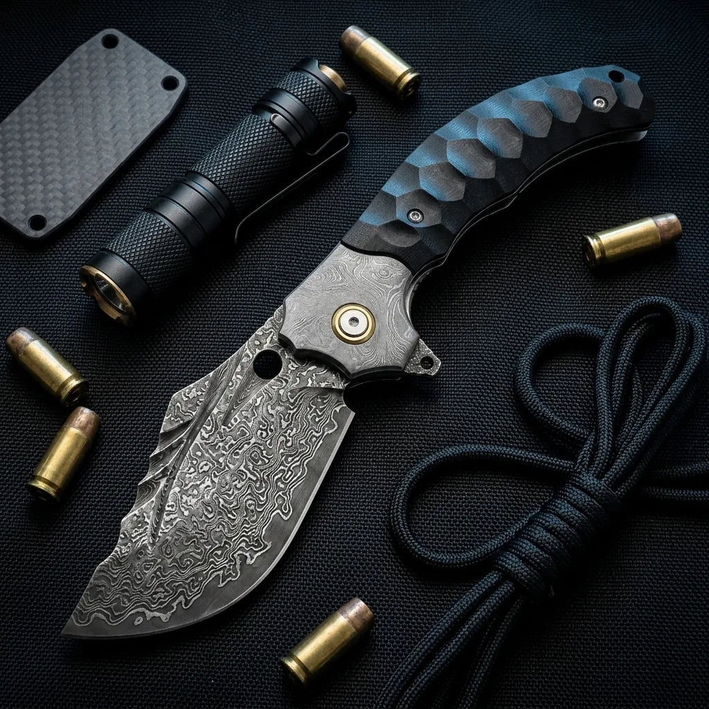 Damascus Folding Knife Fat T EDC Collectible Gift - 7115