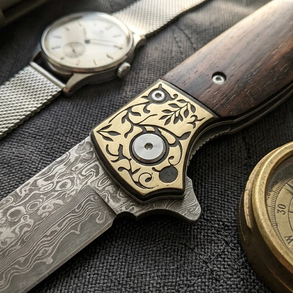 Damascus Folding Knife Golden EDC Collectible Gift - 7064