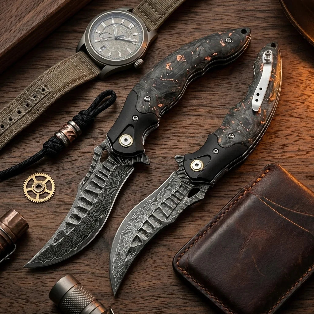 Damascus Folding Knife Abyss EDC Collectible Gift - 7102