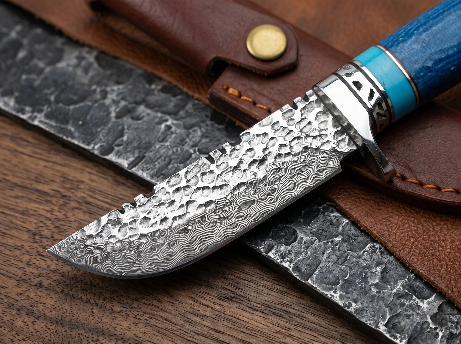 Damascus Folding EDC Knife Ebony Horn Camping - 3716