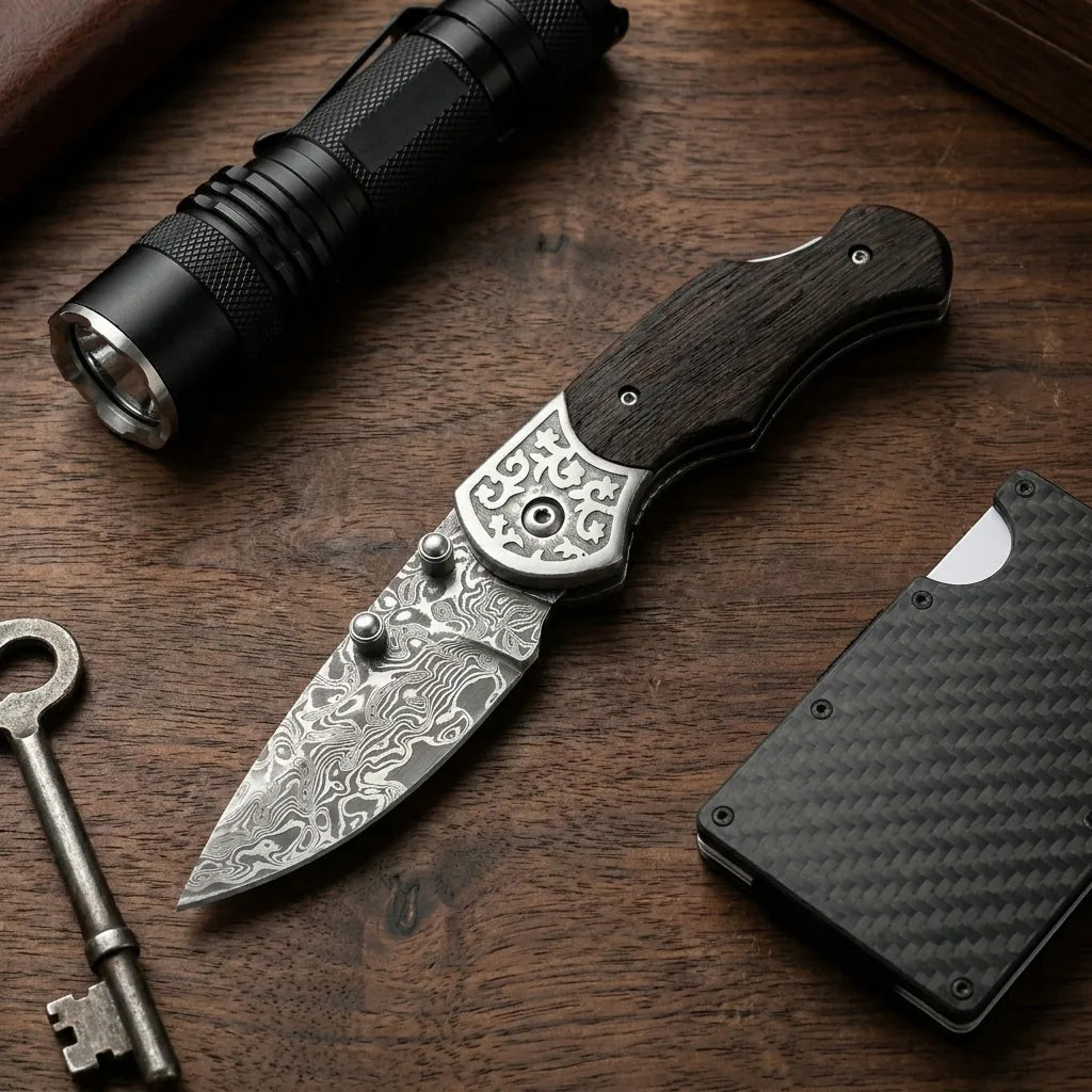 Damascus Folding Knife Leader Mini Camping EDC Folder - 6426