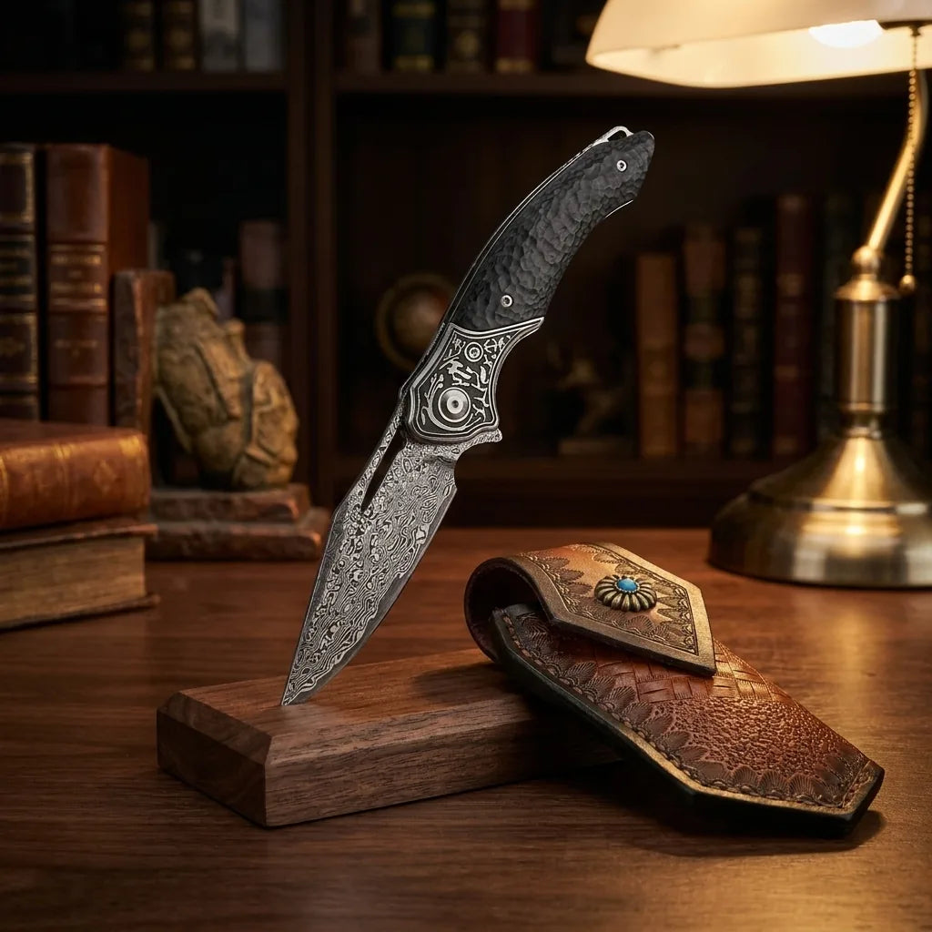 Damascus Folding Knife Cangl EDC Collectible Gift - 5898