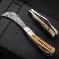 Damascus Folding Knife – Pterosaur Titanium Alloy High-End Folding Knife (Two Styles: Checkered Pattern, Flat Tip) Gray Handle, White Blade – Outdoor Camping, EDC, Handcrafted Knife, Collectible Gift, Display Piece, Hand-Forged Gift Edition