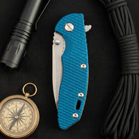 Damascus Outdoor Fixed Blade Knife XM-18 (G10 Version, Titanium Handle, Blue) 1338 Outdoor Camping EDC Handcrafted Knife—Collectible Gift, Display Piece, Artfully Forged Gift Edition