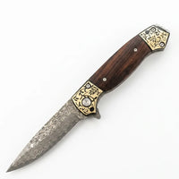 Damascus Folding Knife Golden EDC Collectible Gift - 7064