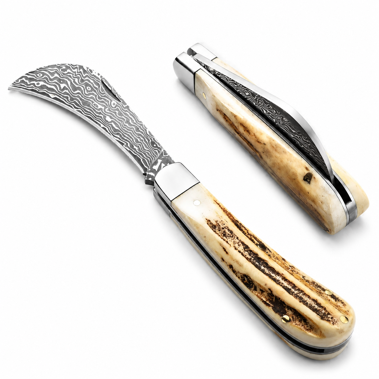 Damascus Folding Knife – Pterosaur Titanium Alloy High-End Folding Knife (Two Styles: Checkered Pattern, Flat Tip) Gray Handle, White Blade – Outdoor Camping, EDC, Handcrafted Knife, Collectible Gift, Display Piece, Hand-Forged Gift Edition