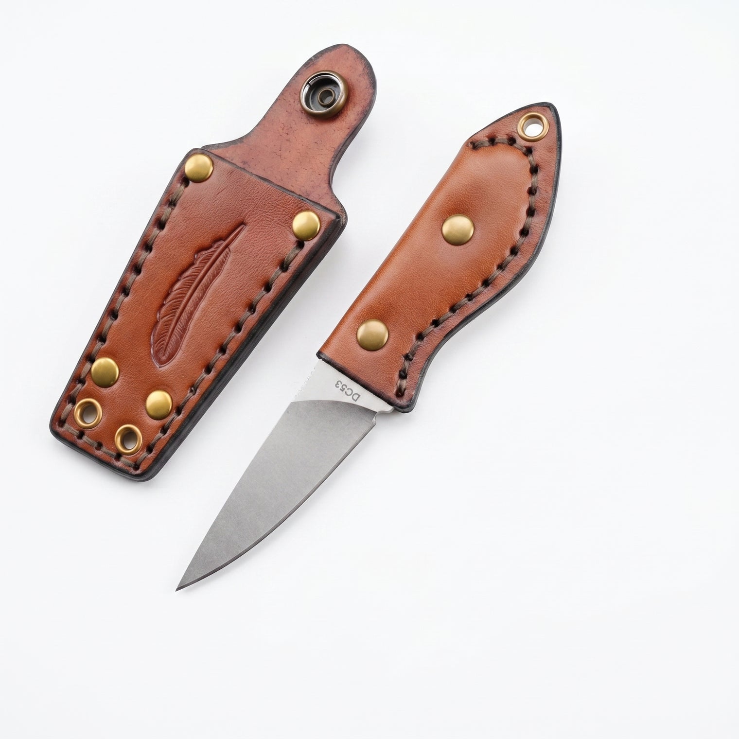 Damascus Outdoor Fixed-Blade Feather Leather Handle Pocket Knife 7248 Outdoor Camping EDC Handcrafted Knife Collectible Gift Display-Grade Hand-Forged Gift Edition Outdoor Handcrafted