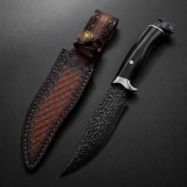 Damascus Outdoor Fixed Blade “Black Rhino” 7229 Outdoor Camping EDC Handcrafted Knife—Collectible Gift, Display Piece, Artfully Forged Gift Edition, Outdoor Handcrafted Collectible, Camping  Optimized Description:
