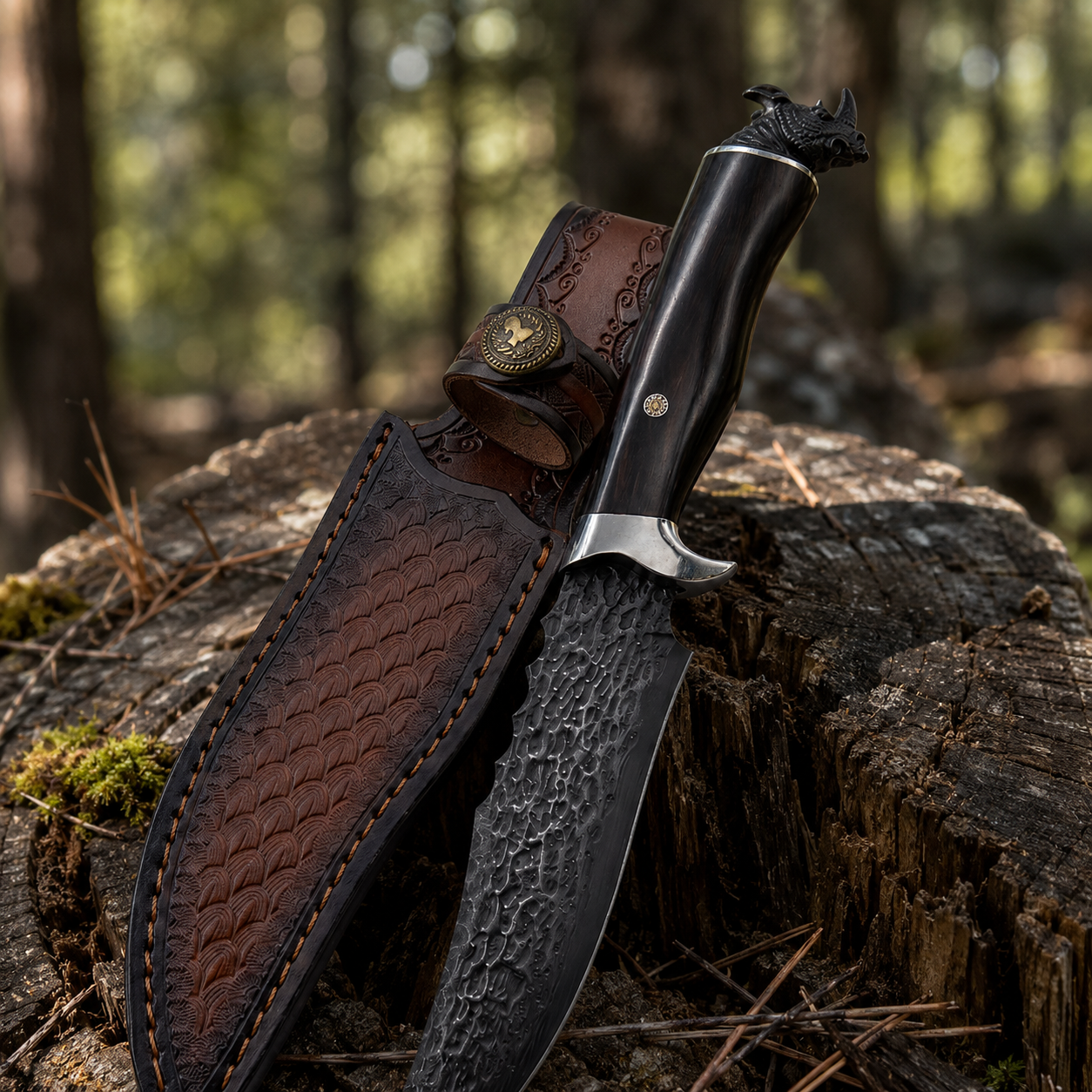 Damascus Outdoor Fixed Blade “Black Rhino” 7229 Outdoor Camping EDC Handcrafted Knife—Collectible Gift, Display Piece, Artfully Forged Gift Edition, Outdoor Handcrafted Collectible, Camping  Optimized Description: