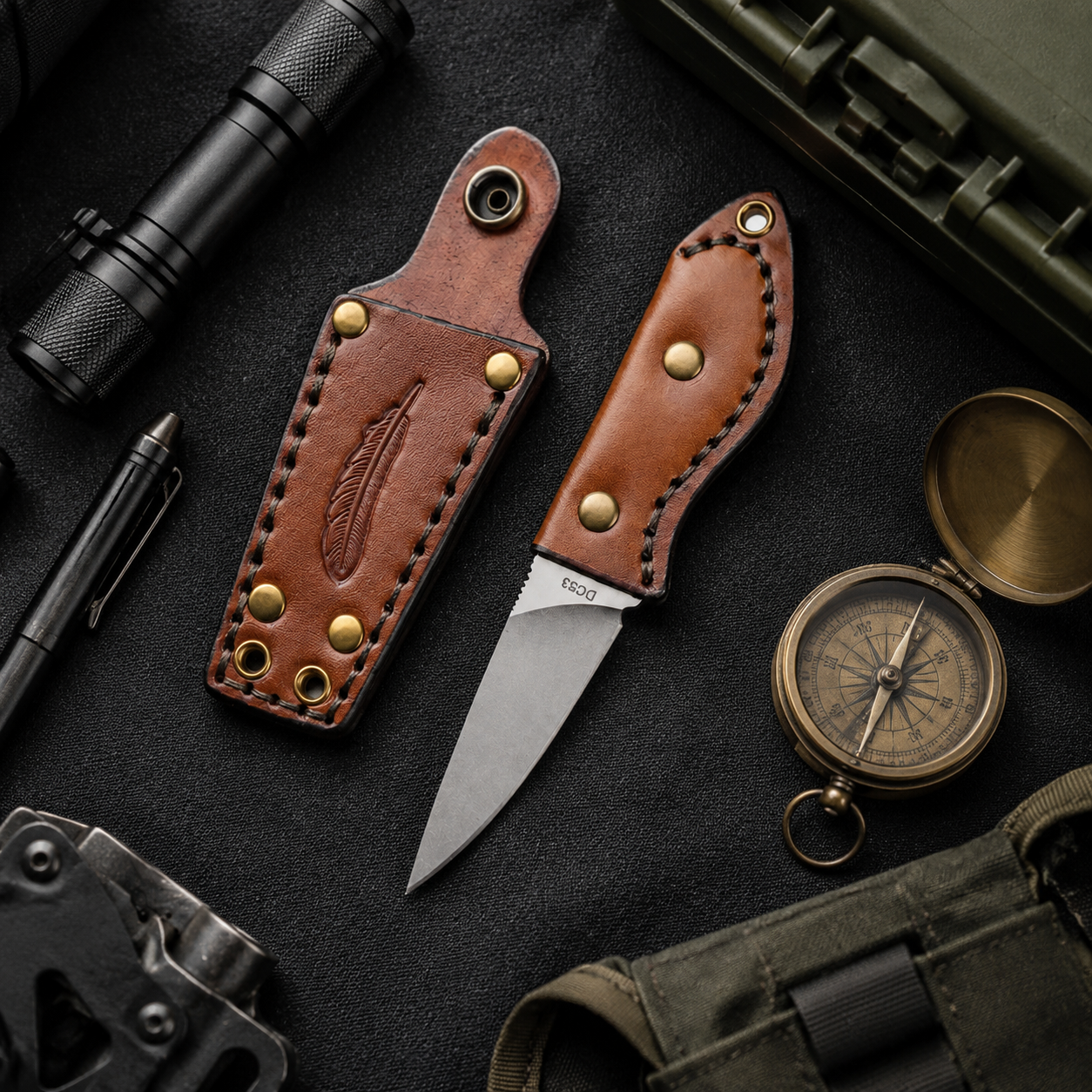Damascus Outdoor Fixed-Blade Feather Leather Handle Pocket Knife 7248 Outdoor Camping EDC Handcrafted Knife Collectible Gift Display-Grade Hand-Forged Gift Edition Outdoor Handcrafted