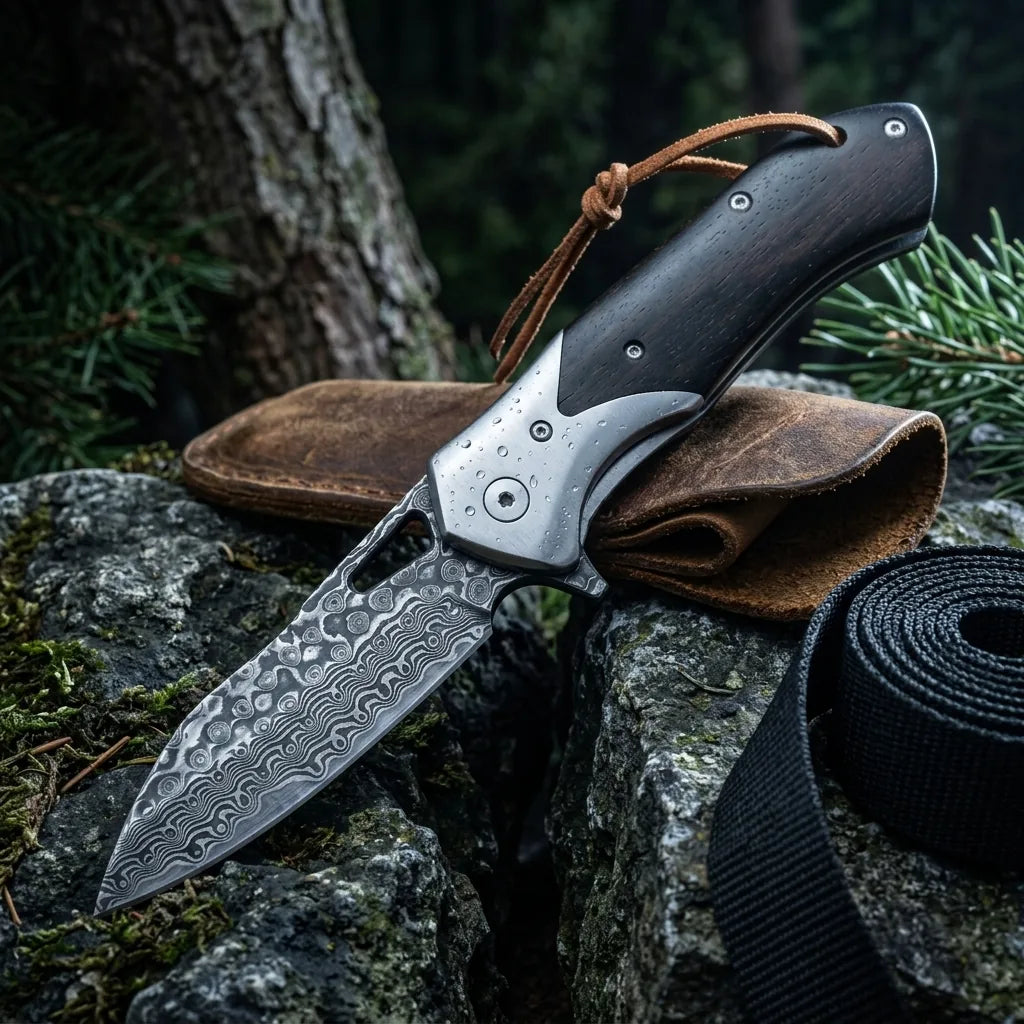 Damascus Folding Knife Ebony EDC Collectible Gift - 6475