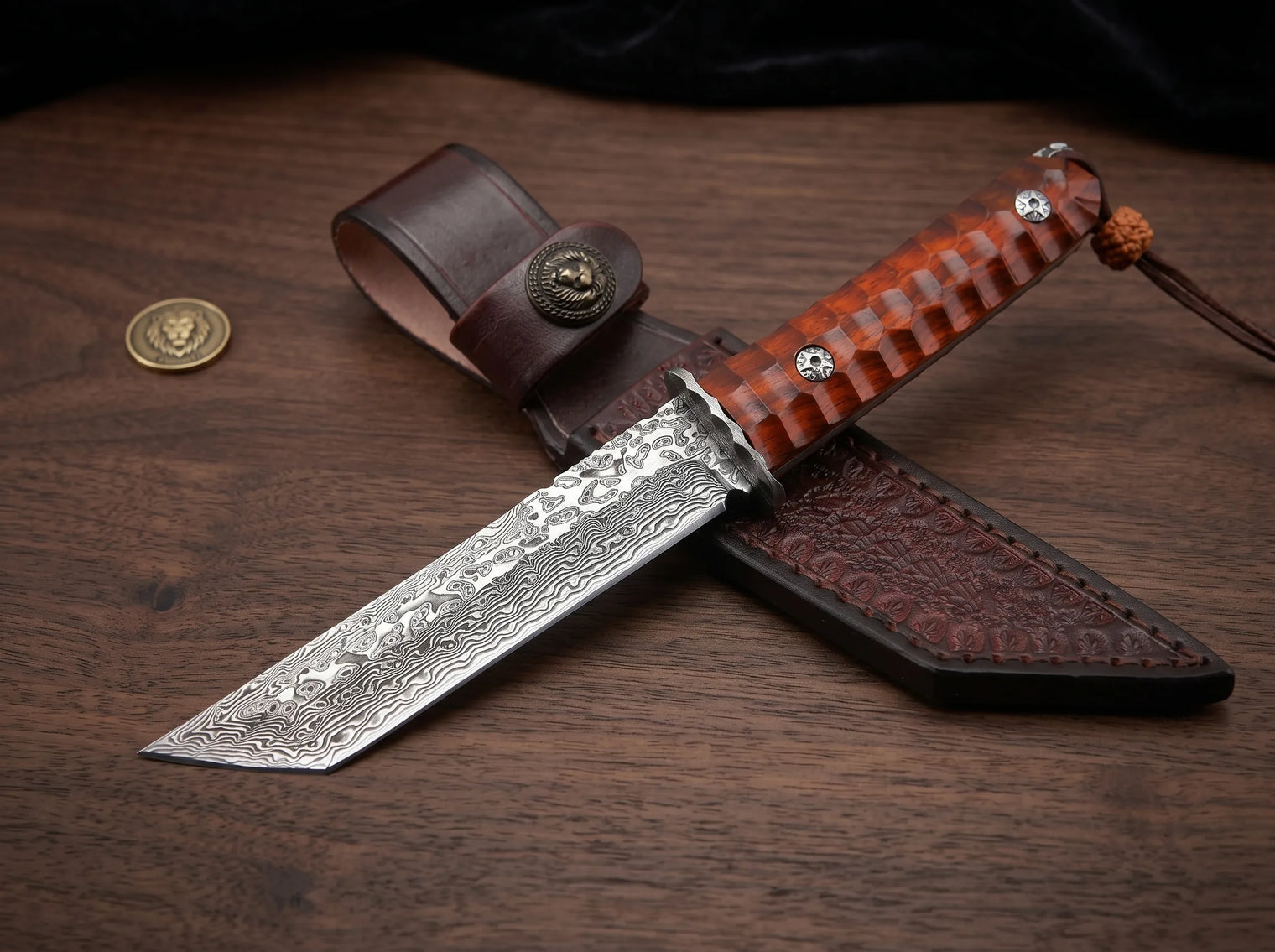 Damascus Samurai Display Knife Rosewood EDC - 4553