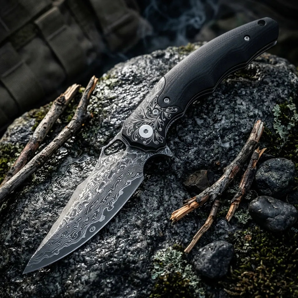 Damascus Folding Knife Drago EDC Collectible Gift - 7104