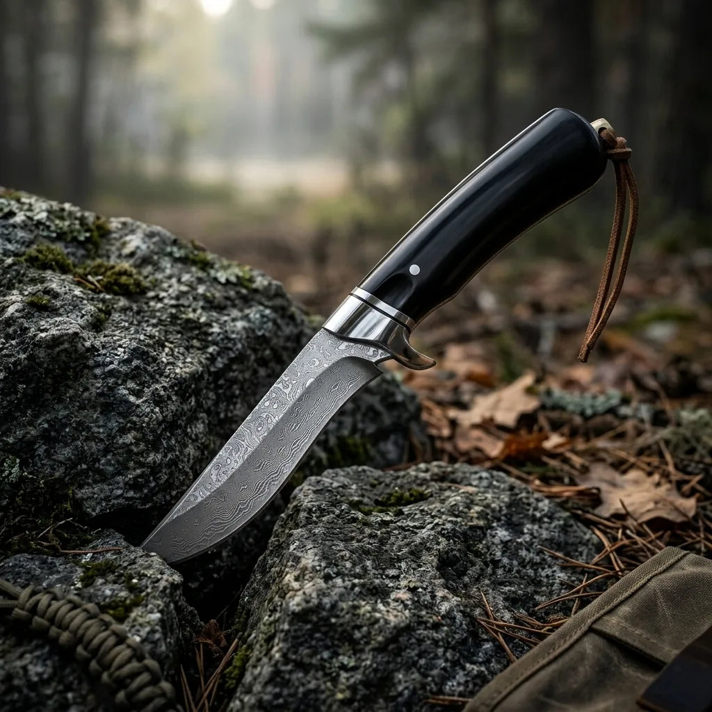 Damascus Fixed Blade Black Bear Camping Fixed Knife - 5596