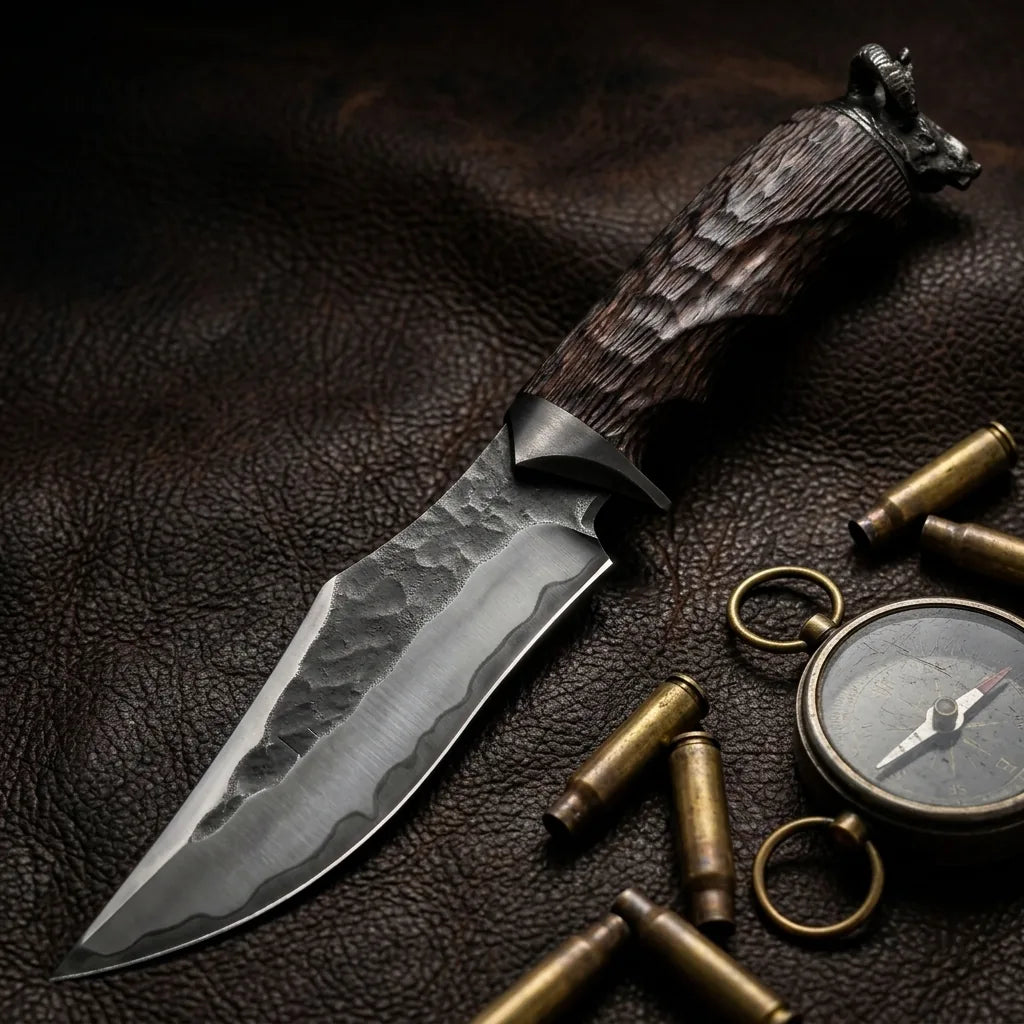 Damascus Fixed Blade Black Goat Camping Fixed Knife - 5622