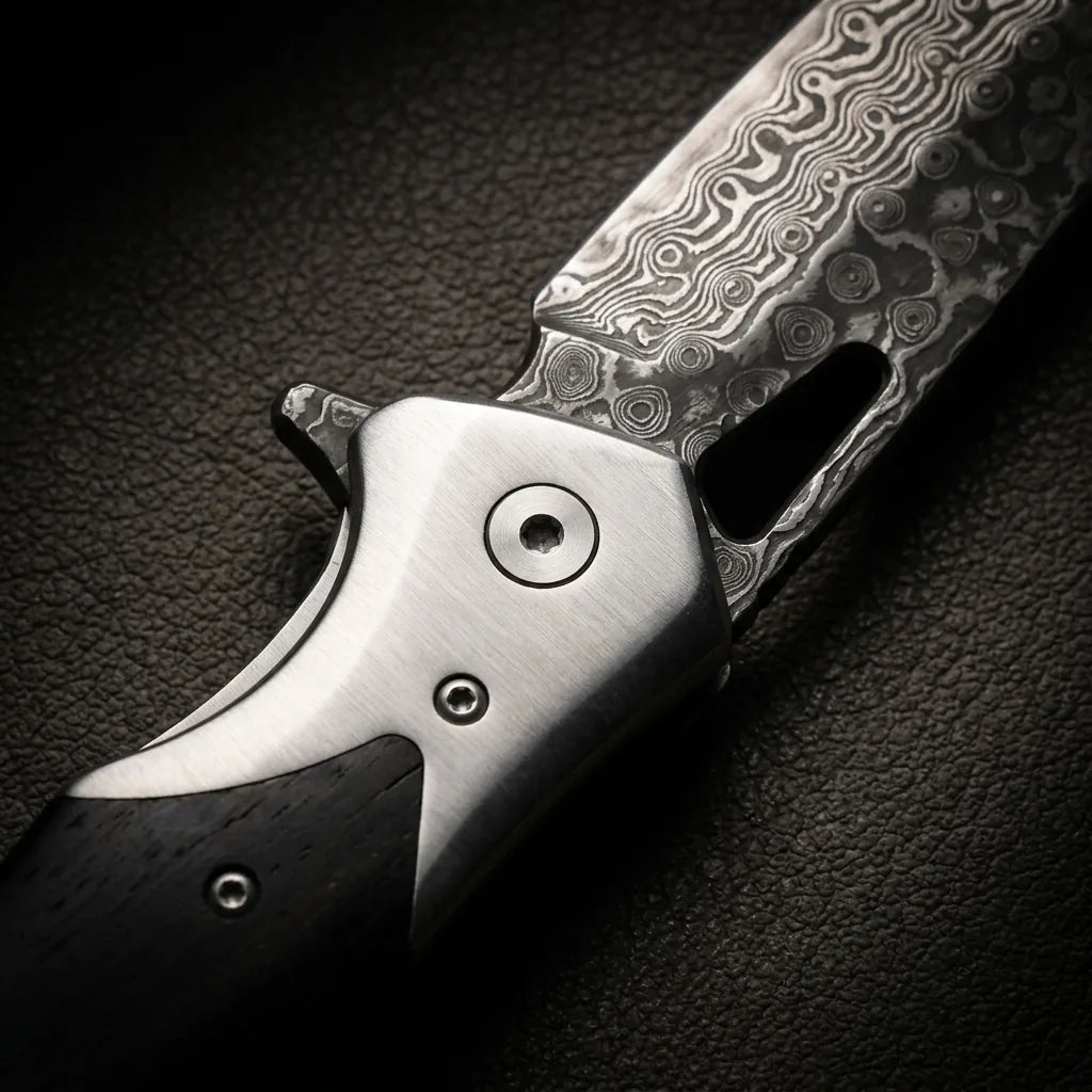 Damascus Folding Knife Ebony EDC Collectible Gift - 6475