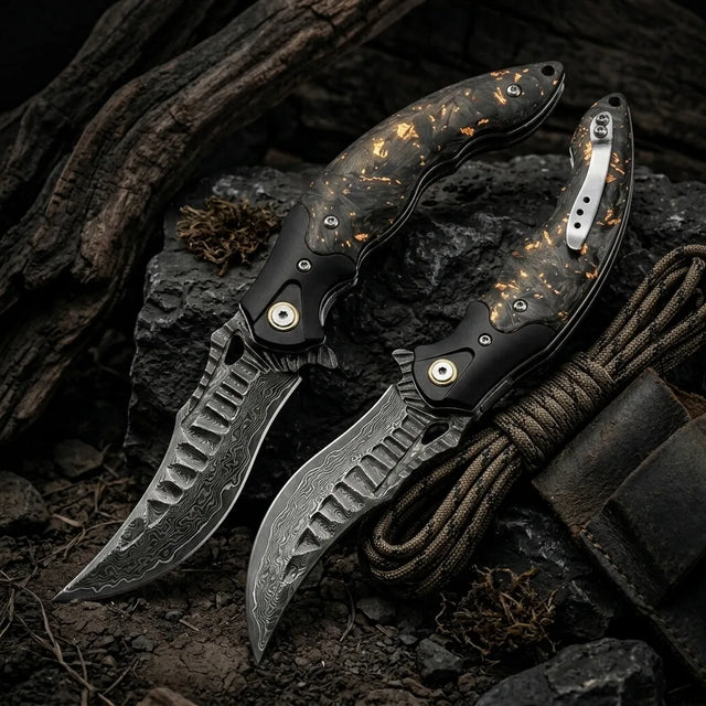 Damascus Folding Knife Abyss EDC Collectible Gift - 7102