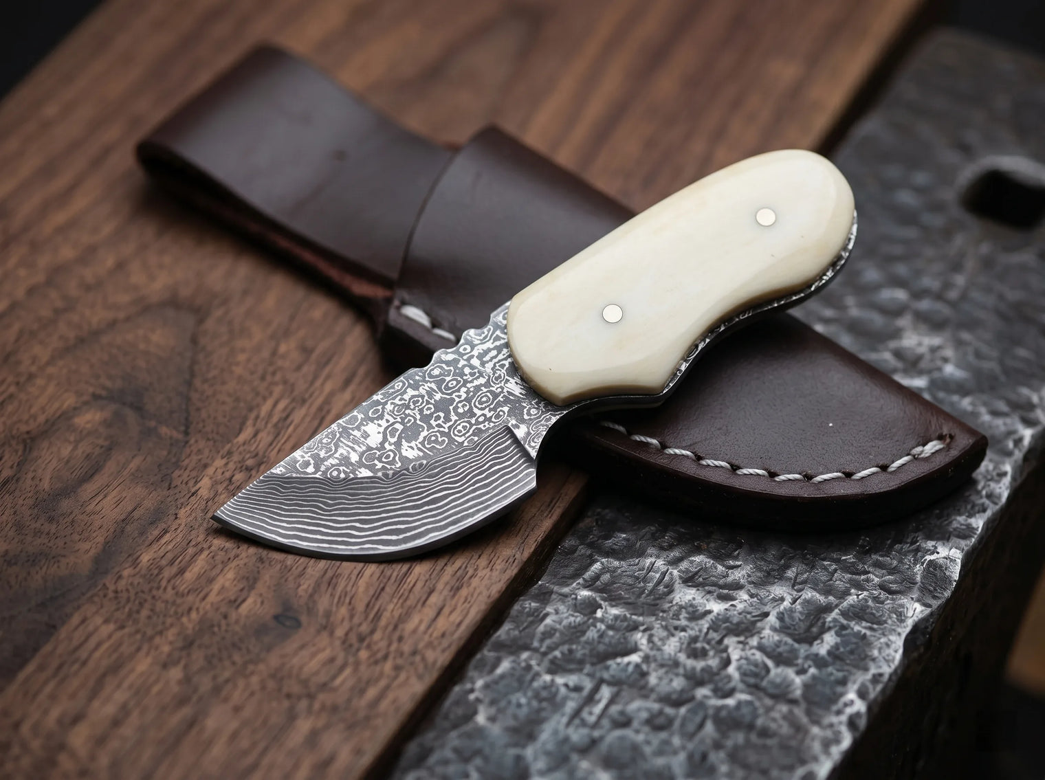 Damascus Mini Tactical Dagger Bone Handle Outdoor - 3760