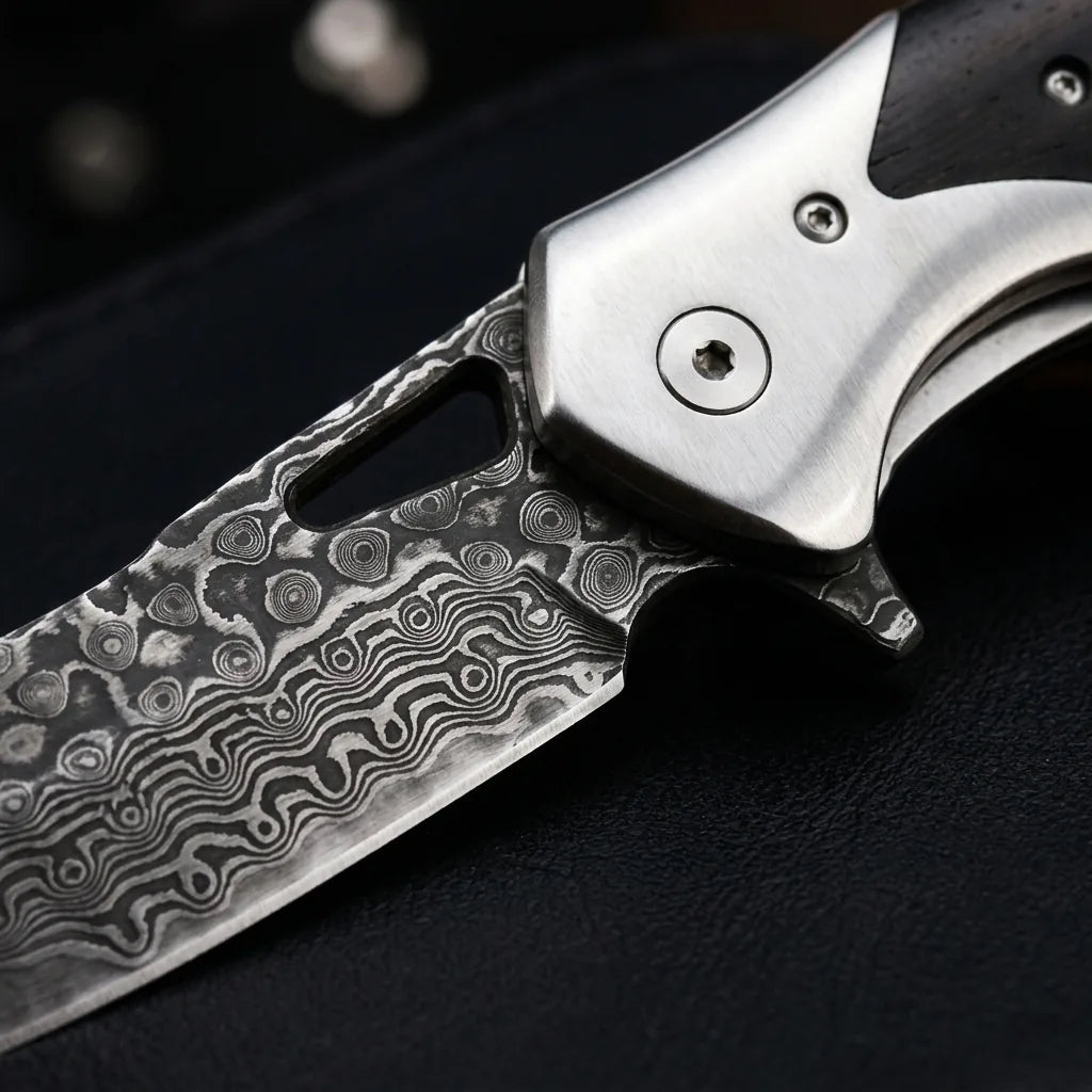 Damascus Folding Knife Ebony EDC Collectible Gift - 6475