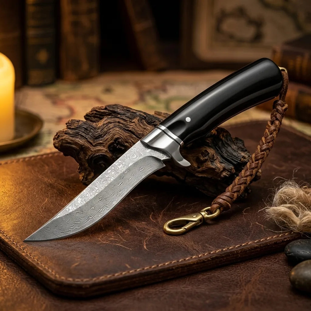 Damascus Fixed Blade Black Bear Camping Fixed Knife - 5596
