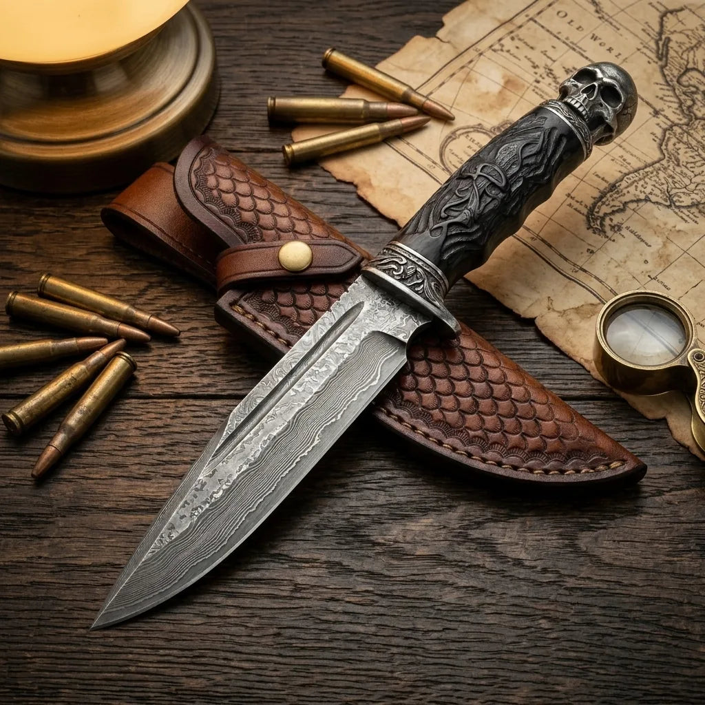 Damascus Fixed Blade Black Knight Camping Fixed Knife - 5790