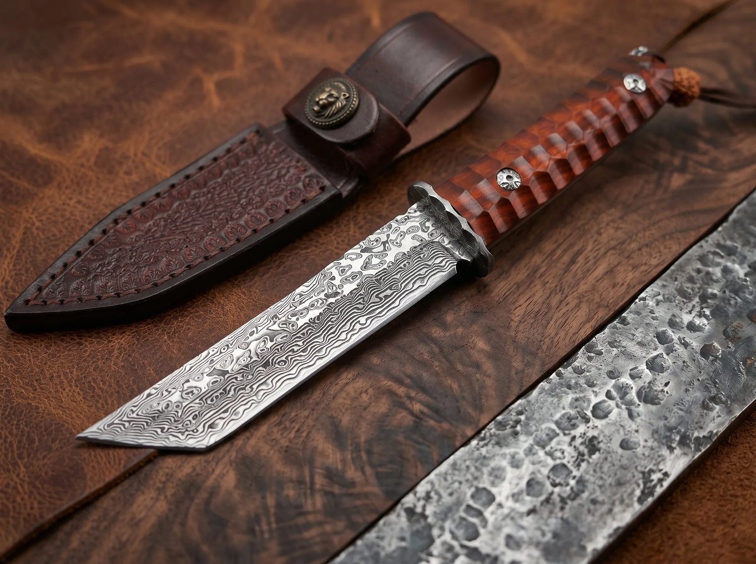 Damascus Samurai Display Knife Rosewood EDC - 4553