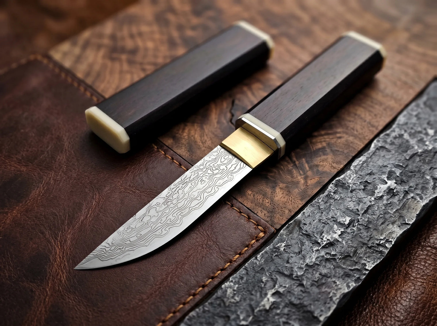 Damascus Katana Display Knife Ebony EDC - 4881