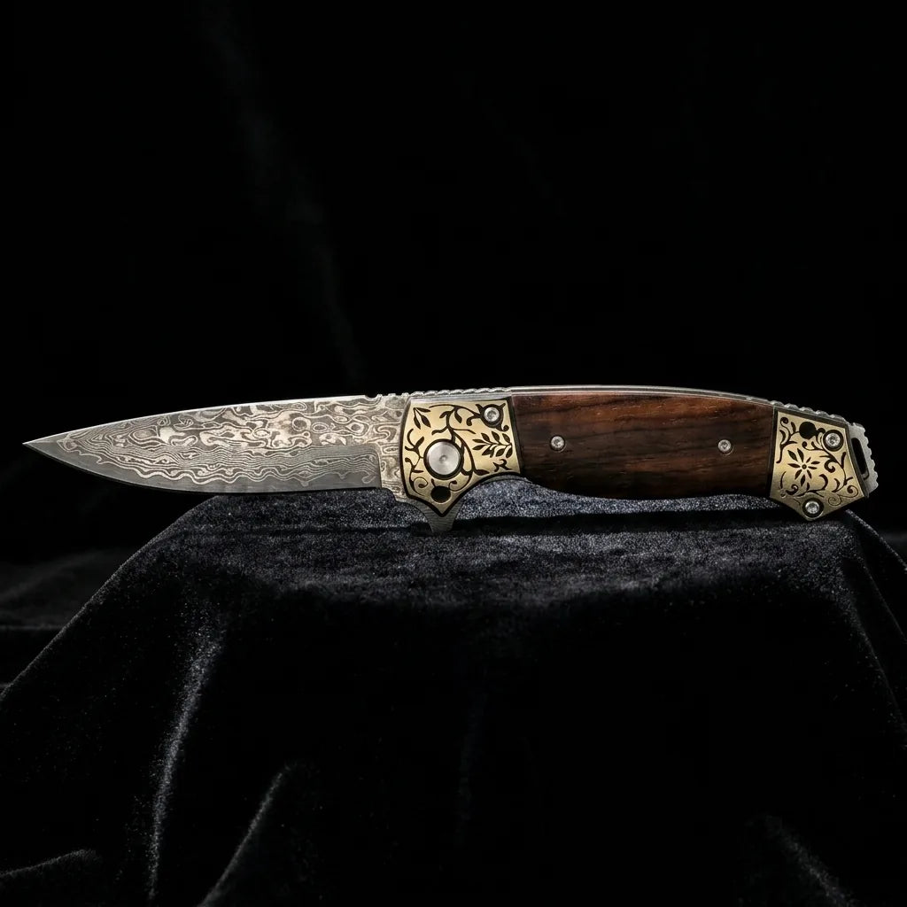 Damascus Folding Knife Golden EDC Collectible Gift - 7064