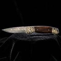 Damascus Folding Knife Golden EDC Collectible Gift - 7064