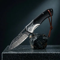 Damascus Folding Knife Ebony EDC Collectible Gift - 6475