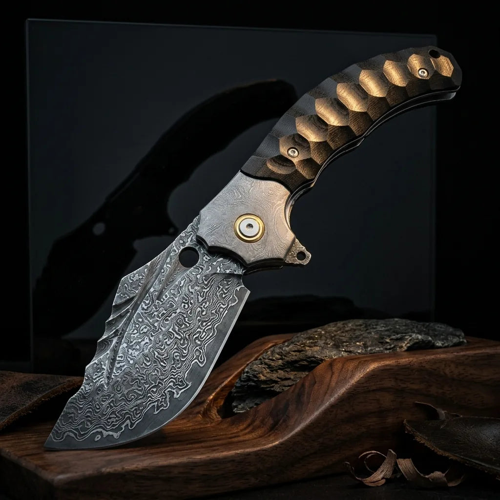 Damascus Folding Knife Fat T EDC Collectible Gift - 7115