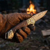 Damascus Folding Knife Golden EDC Collectible Gift - 7064